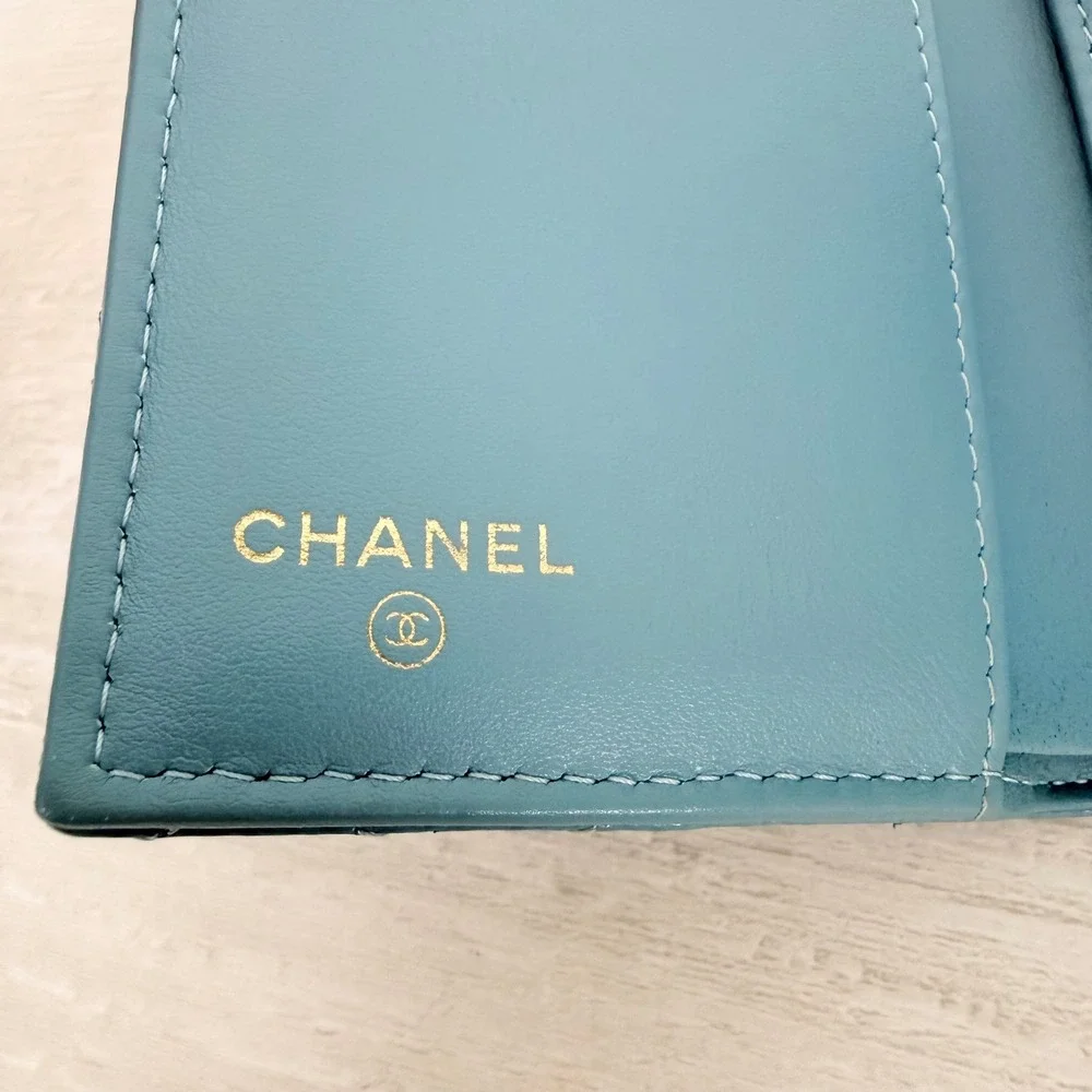 Chanel Boy Flap Wallet Light Blue Caviar Leather Gold Hardware Quilted Authentic